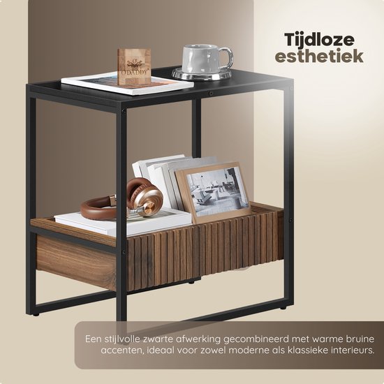 O'DADDY® Bijzettafel - Vierkant Tafeltje - Met Verstelbare Lade - Bijzet Tafel - Koffietafel - Nachtkastje - 55x35x55 cm - Zwart Metaal/Bruin Hout