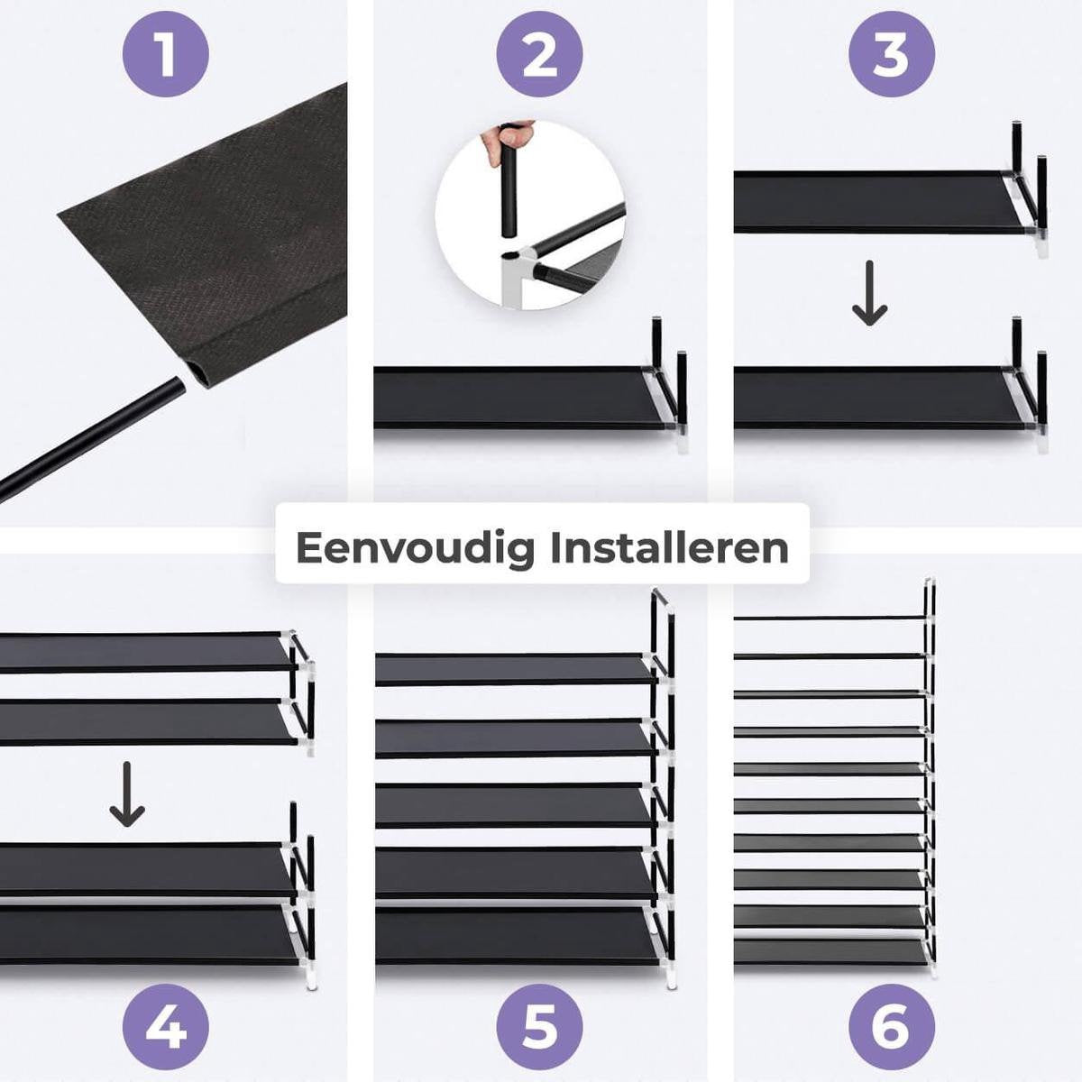 LifeGoods Schoenenrek - 5 Laags - Schoenenkast - Opbergsysteem 30 Paar Schoenen - Kunststof - Zwart
