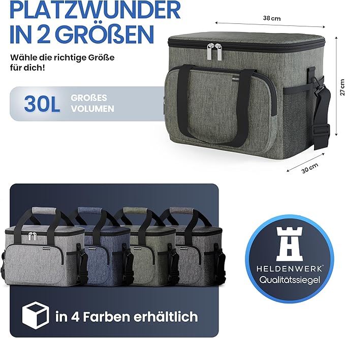 Heldenwerk Grote opvouwbare koeltas – Geïsoleerde koelbox, thermotas, lekvrij en waterdicht – Picknick- en lunchtas – 30 L – Donkergrijs