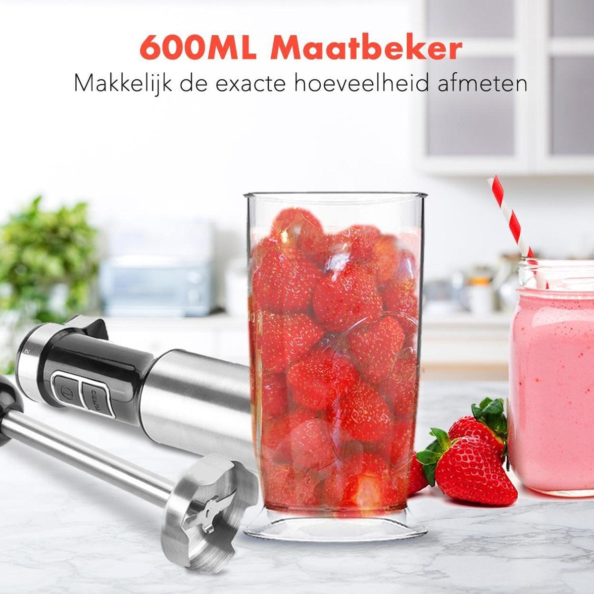 KitchenBrothers Staafmixer Set – 4-in-1 Hakmolen, Garde & Maatbeker – 800W – 6 Snelheden + Turbostand – 600 ml – Zwart/RVS