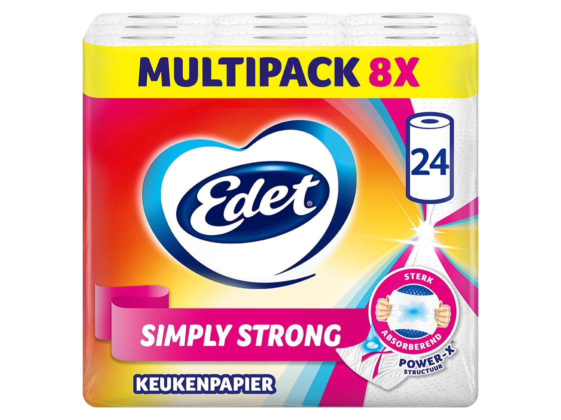 Edet 24x Keukenpapier Simply Strong – Extra Sterk En Superabsorberend – 8 Pakken Van 3 Rollen