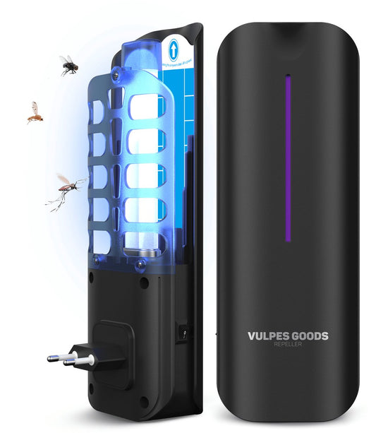 Vulpes Goods® Verjager Muggenlamp 9x9x25cm – Grijs – UV-LED Vliegenlamp met Plakstrip – Stil, Geurloos & Gifvrij – Inclusief 10 Navulbare Lijmplaten – Voor Binnengebruik