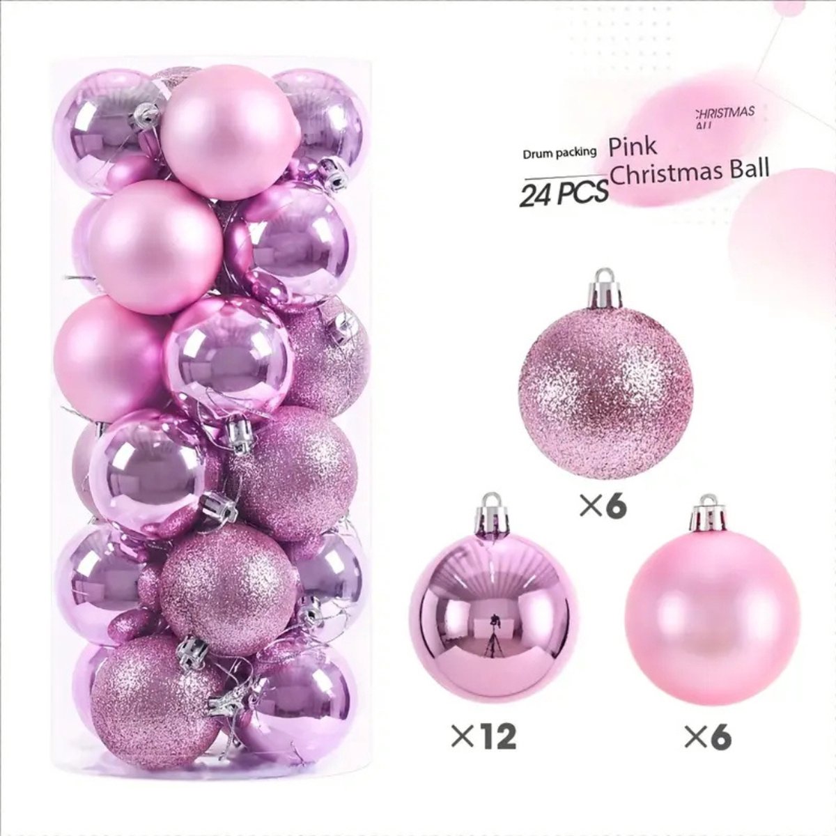 Bovista Kerstballen set 24 stuks - Plastic - Mat, glanzend en glitter - Roze - Ø 6 cm