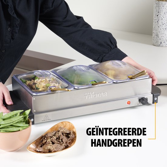 Tristar BP-6283 - Buffetwarmer 200W - Chafing dish - 3 x 1,4 Liter - Incl deksel - RVS