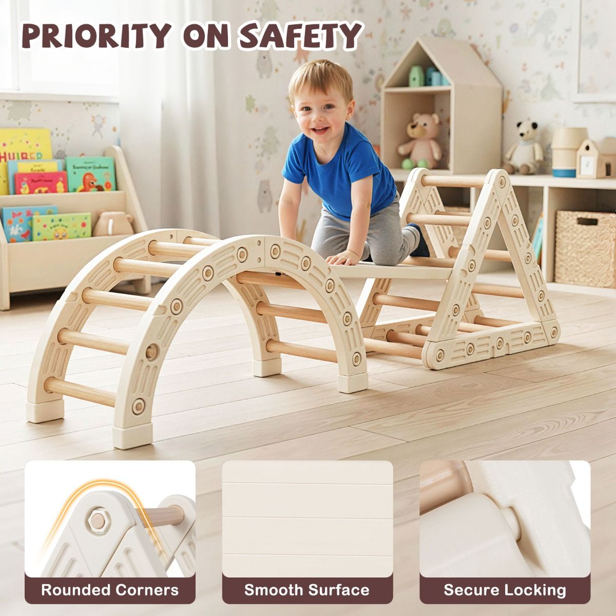 Coast Montessori klimset voor kinderen - 5-in-1 houten klimrek met boog en dubbelzijdige ladder - beige en koffie