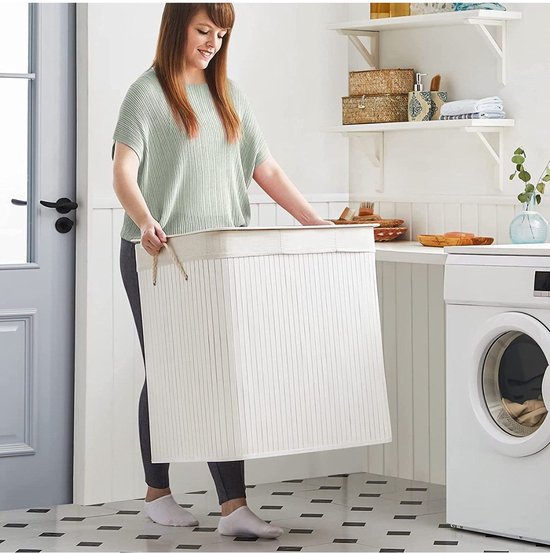 SONGMICS - Wasmand 150 liter - 3 sorteervakken - 60x40x61.5 - bamboe met stof - wit LCB091W01