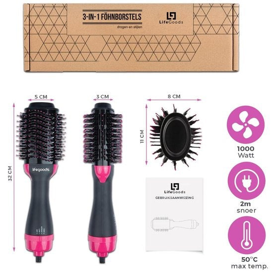 Auronic 3-in-1 Föhnborstel - Keramische Magic Brush - Airstyler - Lang/Stijl/Krullen - 1000W - Zwart/Roze