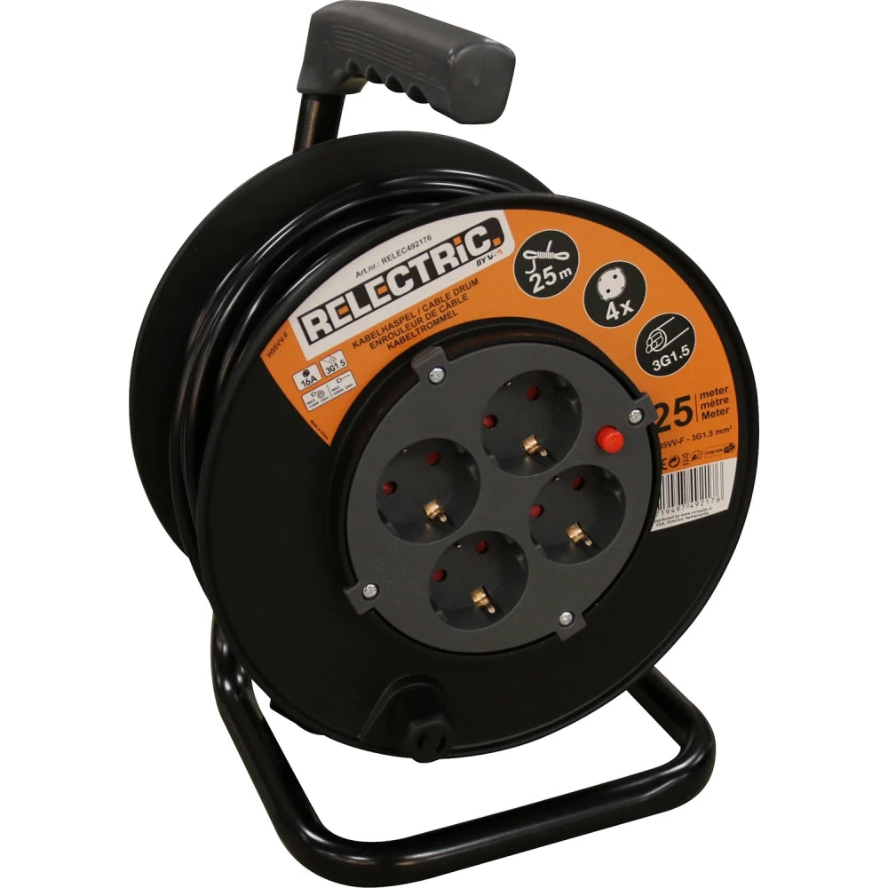 Relectric Kabelhaspel - 25 Meter - 3x1,5 mm - 4 Stopcontacten - Zwart