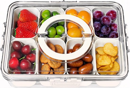 Posity Snackbox - Snackdoos met Vakjes - Met Deksel en Handvat - 8 Vakken - Voor Onderweg - Vershouddoos - Kunststof - Wit