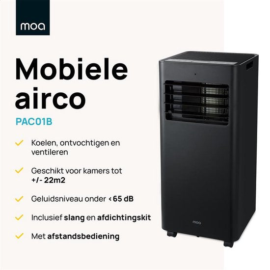 MOA Mobiele Airco - 7.000 BTU - Met Afstandbediening - Tot 22m² - Voor o.a. Woonkamer en Slaapkamer - Airconditioner met Ontvochtigingsfunctie - Raamafdichtingskit - Zwart