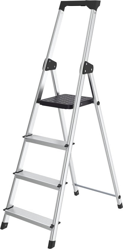 BRASQ Huishoudtrap 4 -treden Zilver - keukentrap inklapbaar aluminium voor Particulier en professioneel gebruik - Trap Ladder - Anti slip