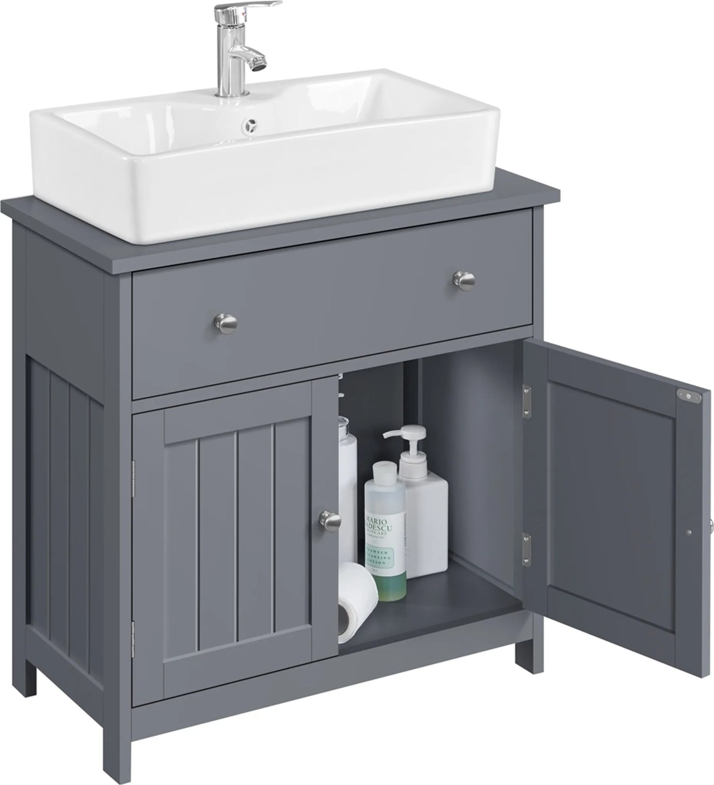 Yaheetech Wastafelonderkast Met Lade En Twee Vakken – Voorzien Van Sifonuitsparing En Waterafstotende Coating En Metalen Beslag – Voor Badkamer In Landelijke Stijl – Donkergrijs Mdf En Metaal – 60 x 30 x 60 cm