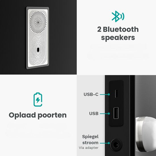 Mirlux Hollywood Spiegel 80x60CM - 2 Bluetooth Speakers - USB & USB-C Oplaadpoorten - LED Verlichting - Make Up Spiegels - 10x Zoom - Ophangbaar - Zwart