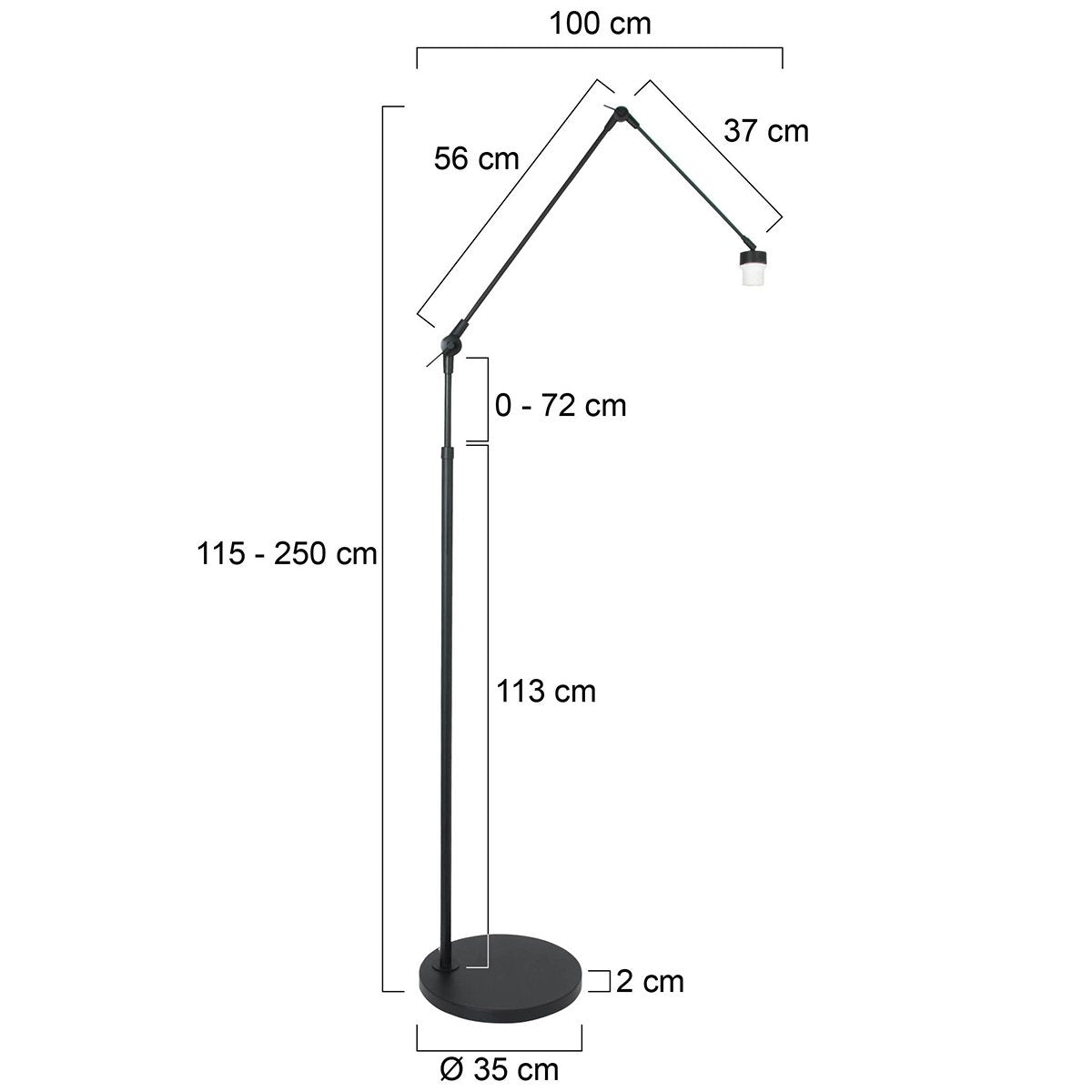 Prestige Chic Moderne Vloerlamp – 1-Lichts – Draaibaar, Kantelbaar & Uitschuifbaar tot 250 cm – E27 – 35x100 cm – Woonkamer / Kantoor – Mat Zwart