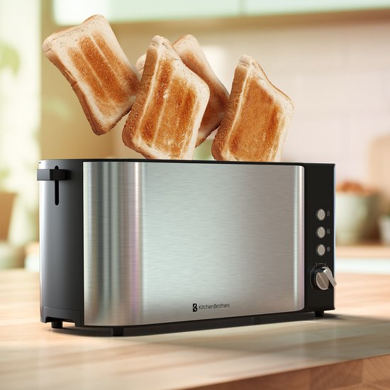 KitchenBrothers Broodrooster - Toaster - 6 Warmteniveaus - 2 Extra Lange Sleuven - 1520W - RVS/Zwart