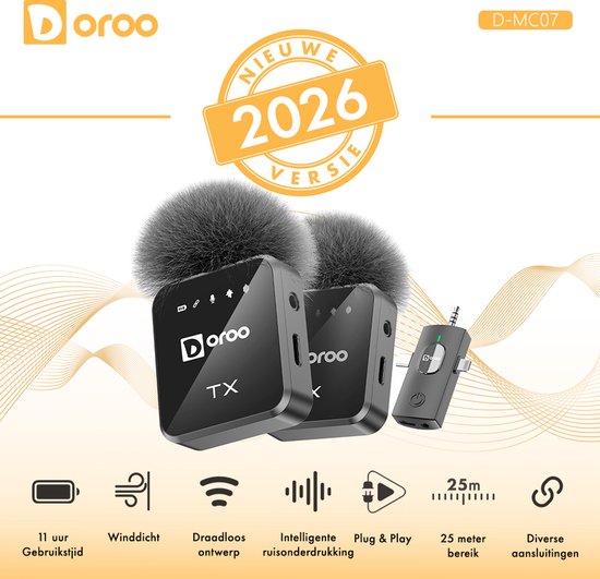 Doroo® Professioneel Draadloze Microfoon - 2 Stuks - Lavalier - Windschermen - Extra Lange Batterij - Dasspeld - Professioneel audiogeluid - USB-C/Lightning/AUX-draadloze microfoon iphone-Android - Plug & Play - twee jaar garantie