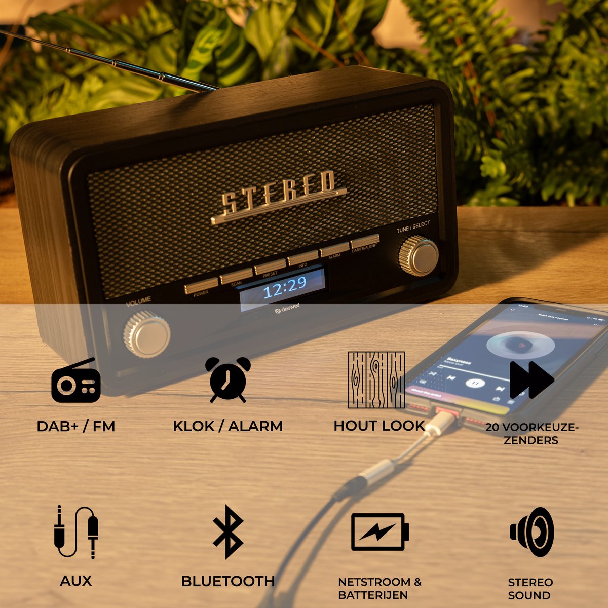 Denver DAB18DG DAB+/FM Retro Radio - Bluetooth - Dimbaar LCD - Hout - Donkergrijs - 14,8 x 26,1 x 11,3 cm