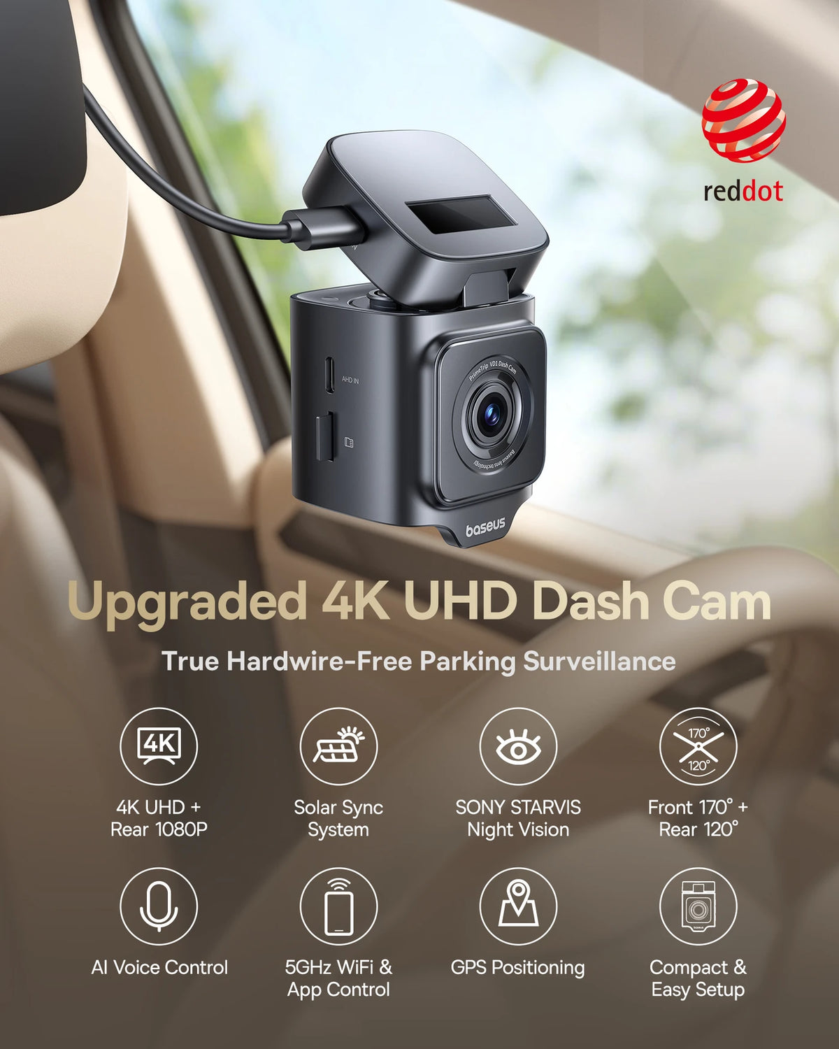 Baseus PrimeTrip VD1 Pro Dashcam – 4K Voorcamera + 1080p Achtercamera – Wifi – Parkeermodus – Cosmic Black