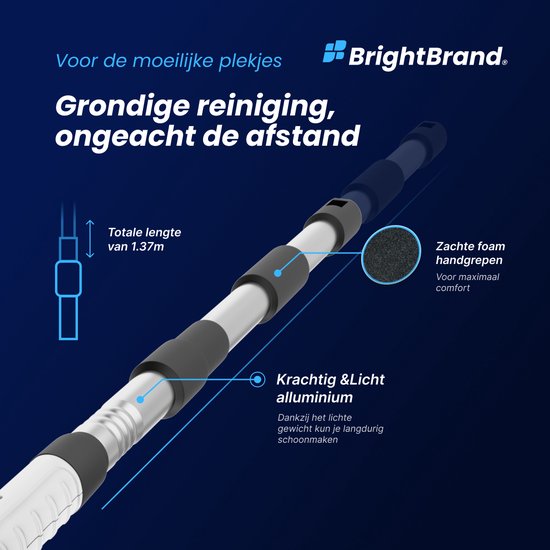 Brightbrand PowerScrub Pro - Elektrische schoonmaakborstel - Schrobborstel - Voor Badkamer en Keuken - Reiniger - Schrobber Met Steel – Luiwagen – Polijstmachine - poetsmachine met 10 opzetstukken