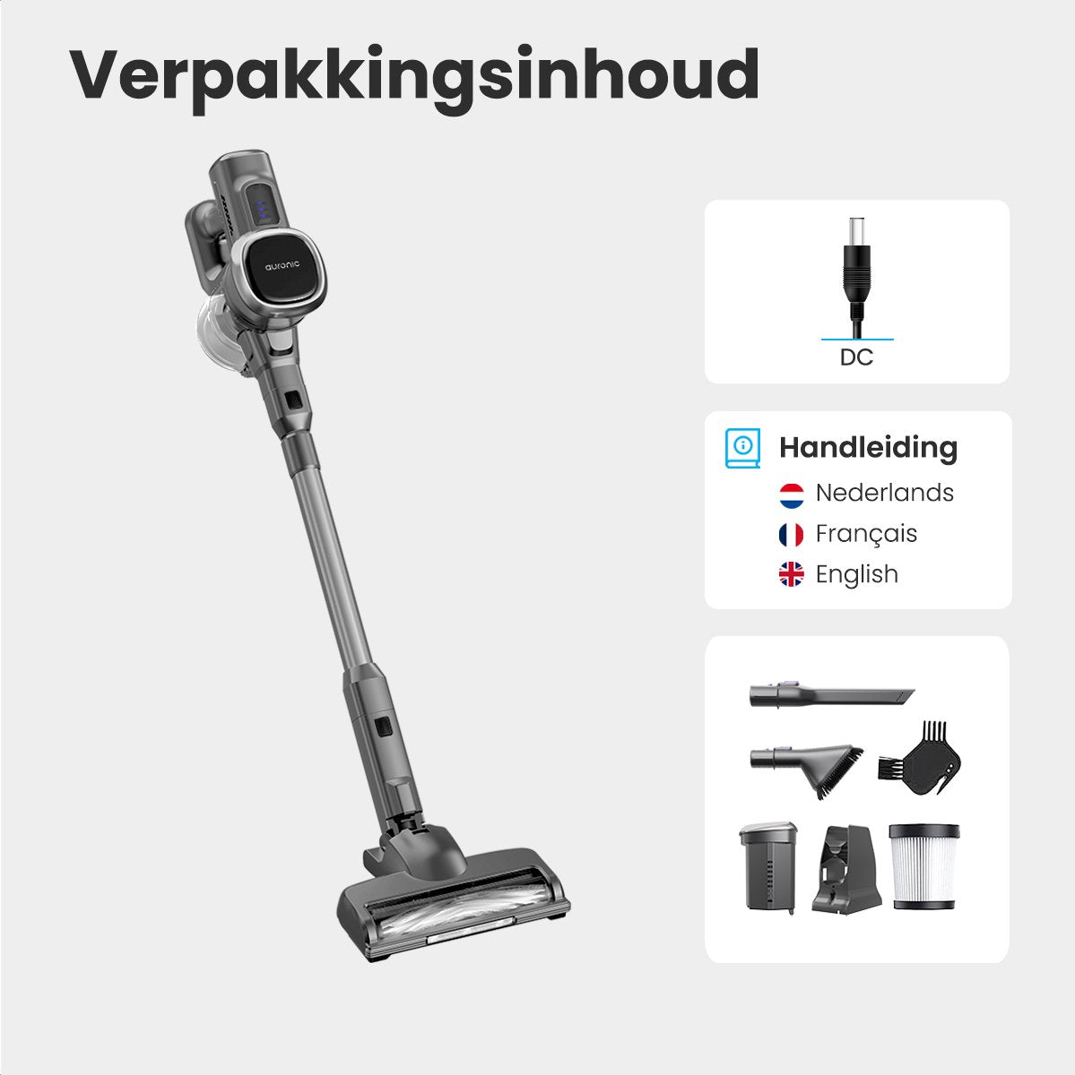Auronic – Steelstofzuiger Draadloos – 220 watt & 23 kpa Zuigkracht – Voorzien Van Extra Accu En Wasbaar Hepa-filter – Tot 100 Minuten Gebruikstijd – Grijs Kunststof En Metaal