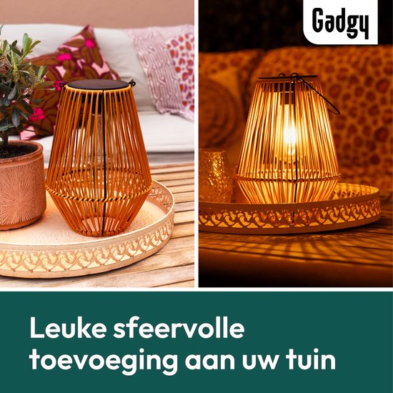 Gadgy Solar Tuinverlichting Rattan Bruin - Tuinverlichting op Zonne Energie - Solar Tafellamp met USB-aansluiting - Buitenlamp Tuinbeeld - Tuinlantaarn met Dag/Nacht Sensor - Verlichting voor Buiten - Lantaarn Tuin