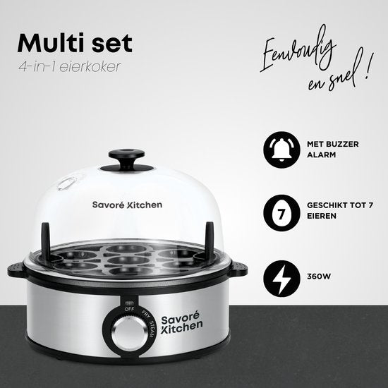 Savoré Kitchen 4-in-1 Eierkoker 7 Eieren - Bakplaat met antiaanbaklaag - Electrisch -Eierkokers met Timer