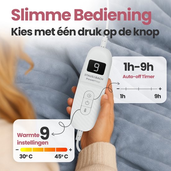 STAUS&BACH Elektrische deken XXL - 2 persoons bovendeken - Dubbelzijdig Fleece Sherpa Warmtedeken - Grijs blauw - 180x130 cm PowerNap