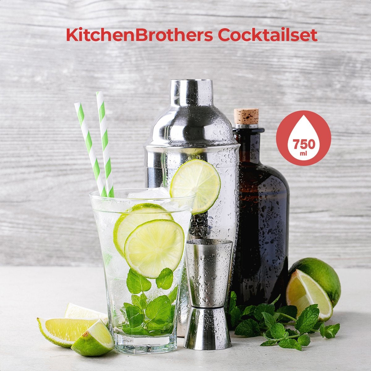 KitchenBrothers Cocktail Set met Cocktailshaker - 13 Delig - Complete Set - Cadeauverpakking - RVS