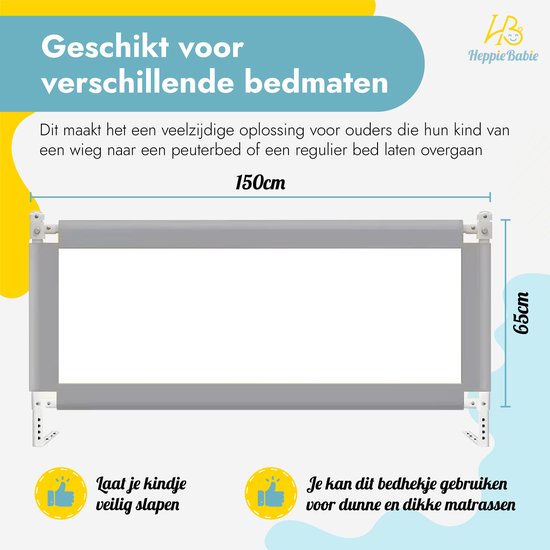 HeppieBabie Bedhekje - Universeel - Extra Lang 150 CM - Verstelbaar - Grijs met opvangnet - Bedrand - Bedrail - Bedrek