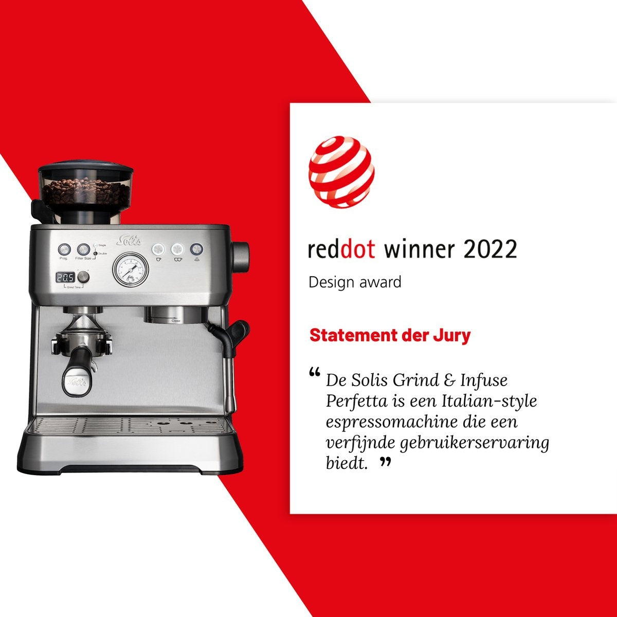 Solis Grind & Infuse Perfetta 1019 - Espressomachine met Antistatische Koffiemolen - 40 x 30 x 38 cm - Zilver