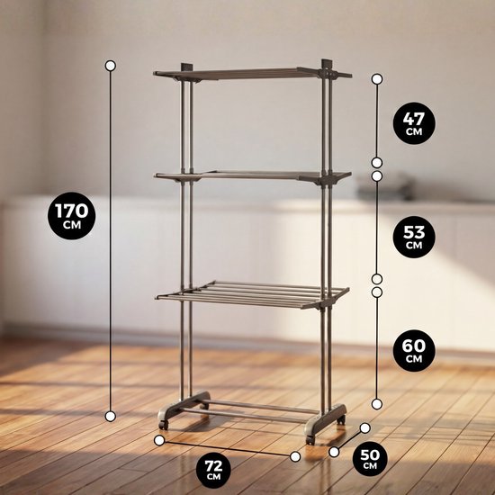 Vonia Droogtoren - Droogrek - Wasrek - Wastoren - 3 Lagen - Inklapbaar - 72x50x172 cm - DonkerGrijs