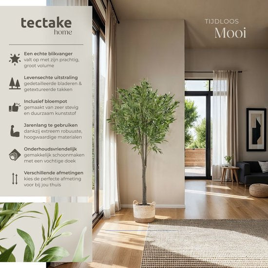 tectake® Kunstmatige Olijfboom Oleand – Mediterrane Kunstplant met Realistische Bladeren en Olijven – Onderhoudsvriendelijk en Veelzijdig – Inclusief Stevige Bloempot – Hoogte: 150 cm