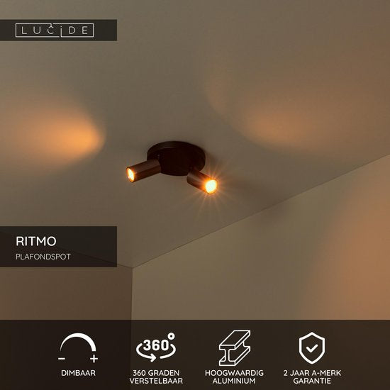 Lucide RITMO - Plafondspot (Plafondlamp) - Ø 15 cm - 2xGU10 (MR11) - Koffie