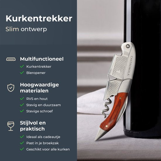 Castagnola Kurkentrekker - Kelnermes - Wijnopener - Wijn opener - Flesopener - Hefboom - Deluxe - Pakka Hout en RVS