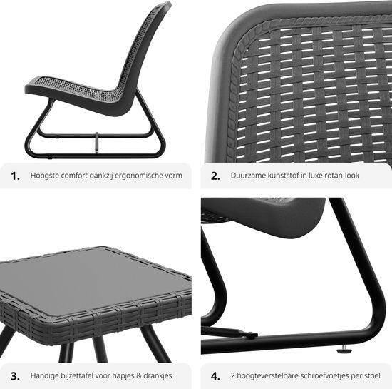 tectake® - Tuinmeubelset voor 2 personen - Buitenmeubels weerbestendig voor balkon - Tuinloungeset - Terrasmeubilair - Zitgroep met 2x loungestoelen en 1x tuintafel bijzettafel - rotan look - grijs