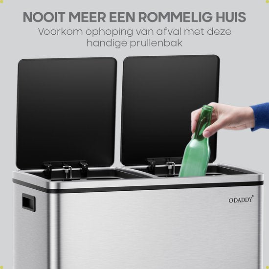 O'DADDY® Prullenbak - Afvalemmer – Duo Bin – 60 Liter – Soft-close – 58,6 x 32 x 65 cm – 2 Binnenemmers / Vakken - Afvalbak - Pedaalemmer 60L - Prullenmand - Vuilnisbak - Afvalscheiding Vuilbak – Inclusief 15 Afvalzakken – Elegant Zilver