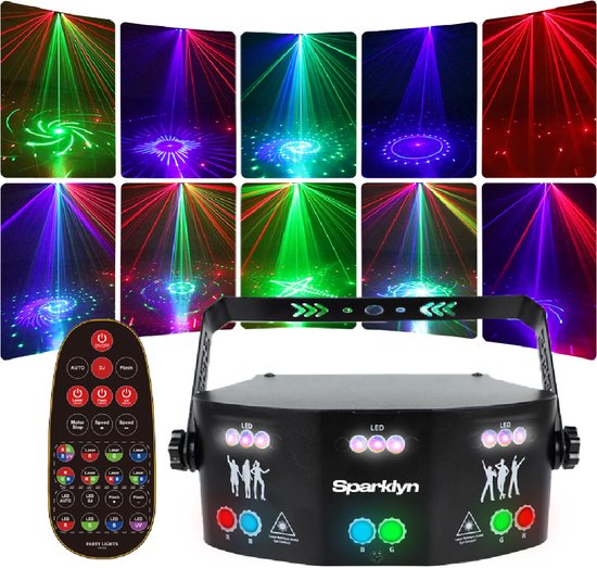 Sparklyn Professionele Disco Laser met 15 Eyes - 120 lichtcombinaties - Afstandsbediening - DMX Bestuurbaar - Discolamp - Zwart