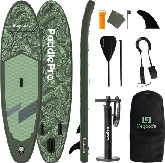 LifeGoods SUP Board Allround Compact - 100 KG Draagkracht - 300 x 76 cm - Opblaasbaar - Compleet SUP pakket - Groen/Legergroen