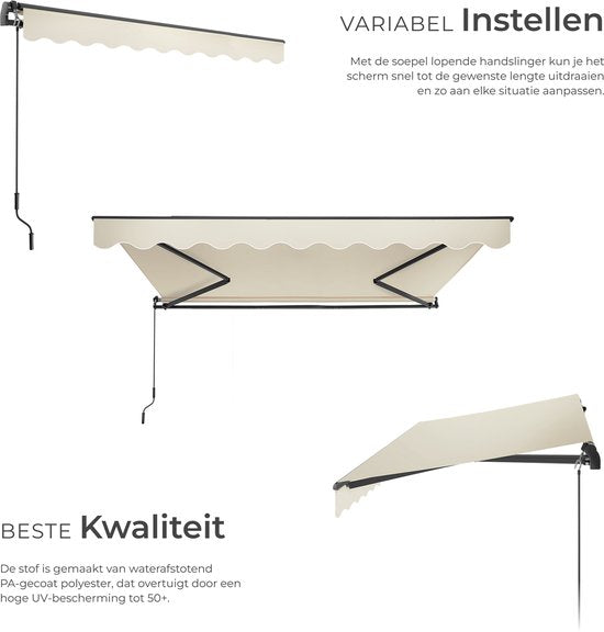 tectake® Zonnescherm met Knikarm - 300 x 250 cm - Zonneluifel - Zonwering voor Raam, Balkon, Buiten - Te Monteren aan Muur - Water- en UV-Bestendig - Beige