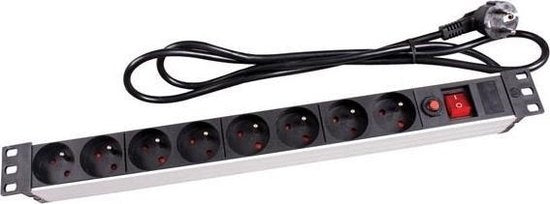 Perel PDU-Stekkerdoos met schakelaar, overbelastingsbeveiliging, 8 stopcontacten met penaarde (type E), kabel 2.15 m, 3G1.5, voor binnen, zwart/rood