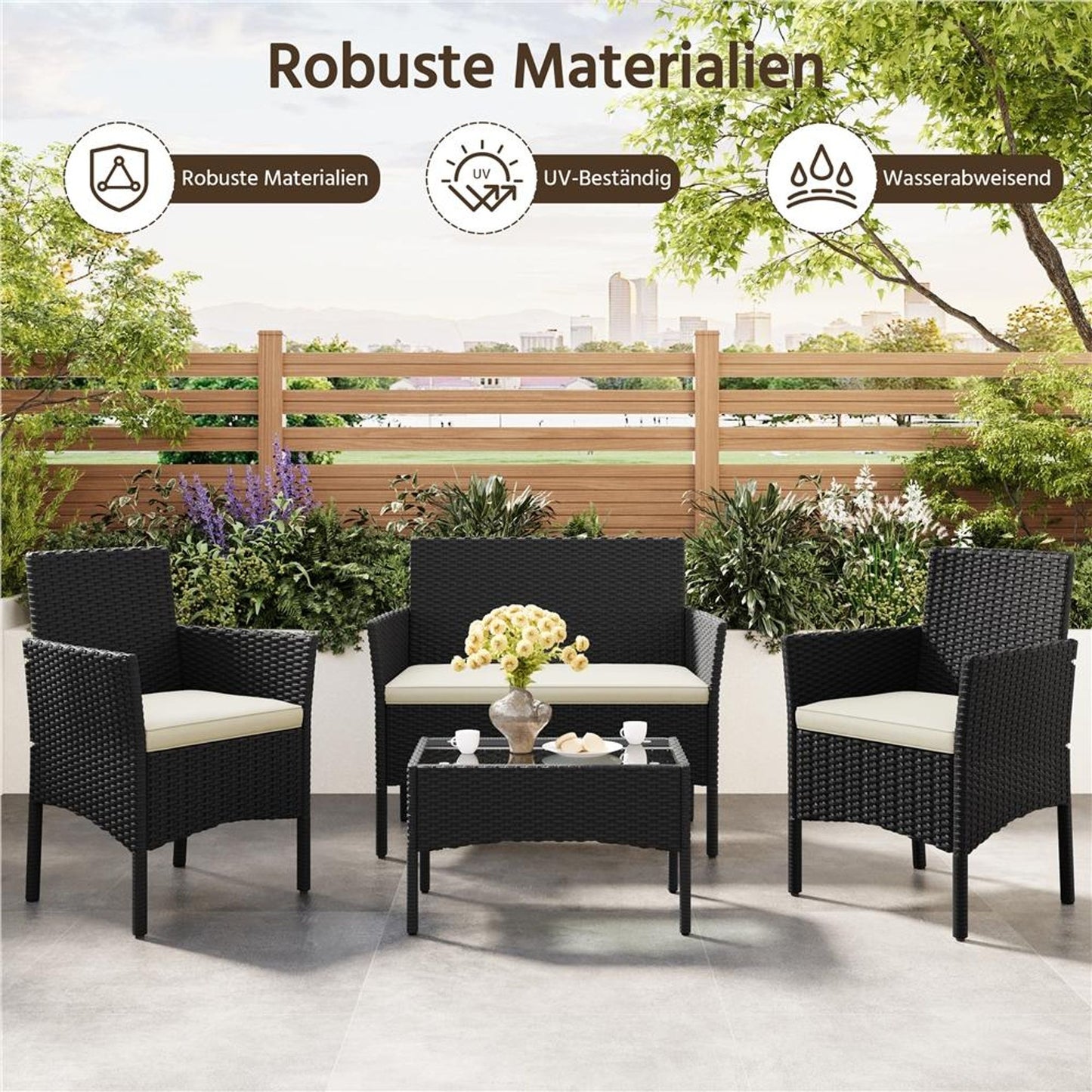 Yaheetech 4-delige Loungeset Rattan - Tafel, 2 Stoelen & 2-Zits Bank - Weerbestendige Kussens - Zwart & Beige - 106x58x80 cm