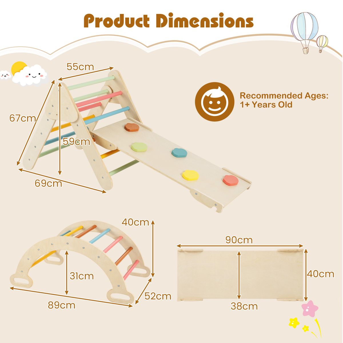 Coast Montessori klimset van hout - 3-in-1 speelset met klimdriehoek, klimboog en helling - kleurrijk