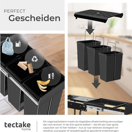 tectake® Afvalverzamelaar - Inbouw vuilnisbak - Meervoudige afvalscheiding - Efficiënte opruimoplossing voor keuken en kantoor - Driedubbele prullenbak met telescooprails - 3x 10L