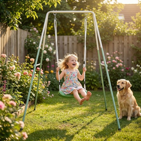 AXI Enkele Metalen 2-in-1 Schommel in Groen/crème – Meegroeischommel - Vrijstaande schommelset met kunststof schommelzitje en babyzitje - Schommelset voor kinderen