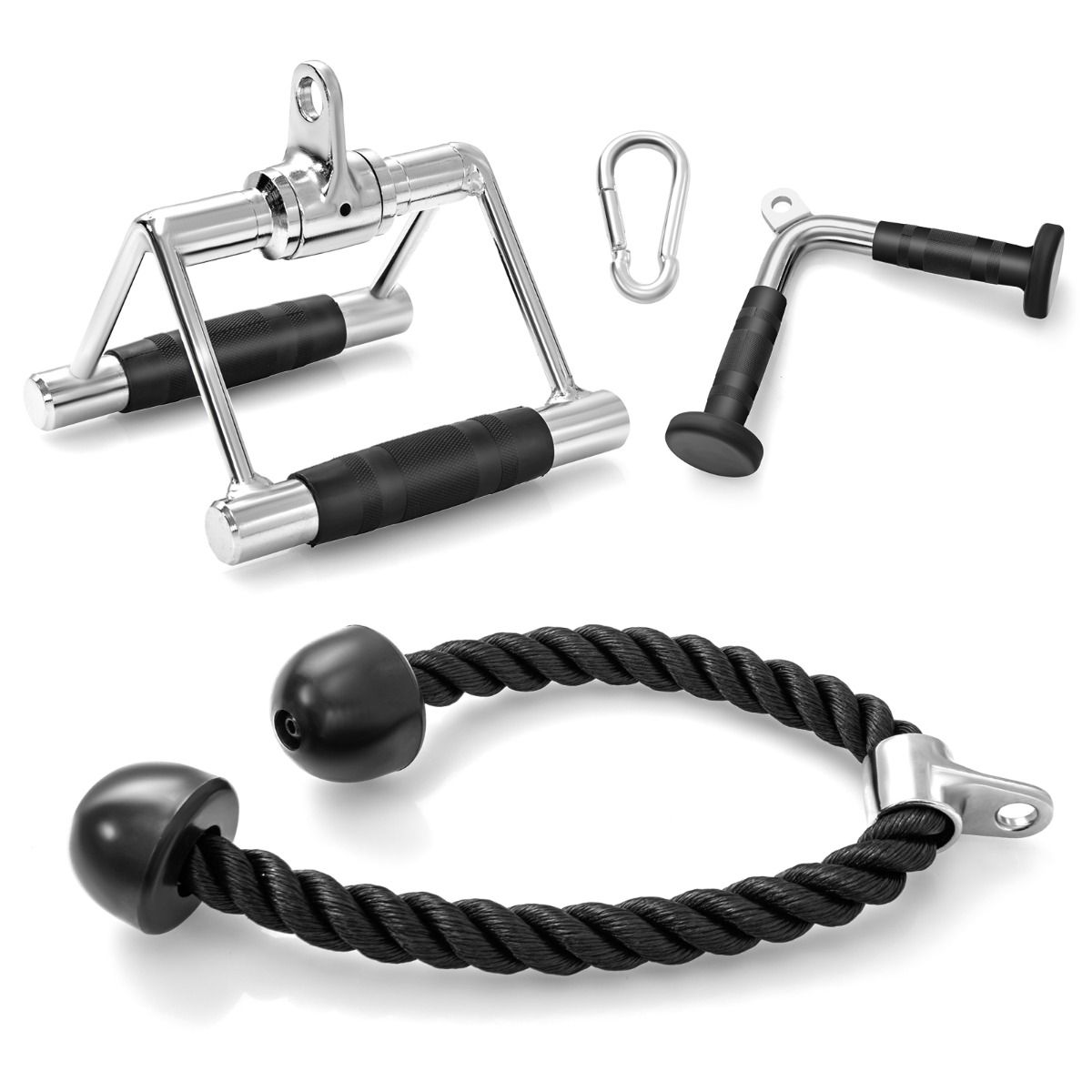 Coast Kabelmachine Accessoireset - V-handvat - Dubbel D-handvat - Triceps touw - Zwart en zilver