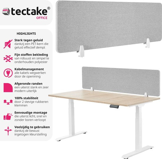tectake® Bureauscherm scheidingswand Noisy - Met geluidsabsorberende PET-kern - Inclusief 2 bevestigingsklemmen - Afmeting (LxB) 160 x 40 cm - Grijs