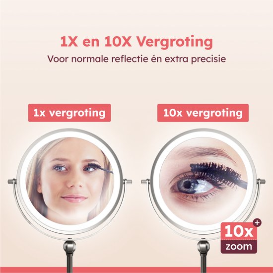 Fraay® Make Up Spiegel met LED Verlichting - 10x Vergroting - Vergrootspiegel met Licht - Oplaadbaar - Scheerspiegel - Badkamerspiegel - Nikkel