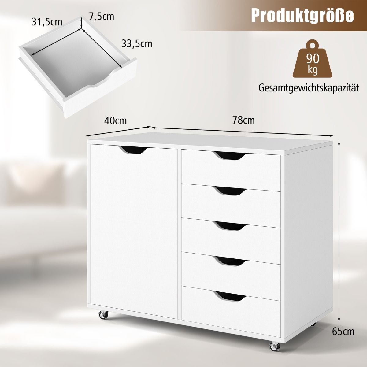 Coast Rolcontainer met 5 lades en deur - verstelbare plank - op wielen - wit 78 x 40 x 65 cm
