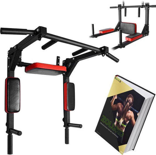 Zoluko Professionele Dip & Pull Up Bar Wandmontage - 200kg Draagkracht - Dip Station - Incl. E-book - Eenvoudige Bevestiging - 2 in 1 Pull Up Station en Dip Station voor Thuis Sporten - Optrekstang Fitness - Dip Bars - Chin Up Bar - Zwart/Rood