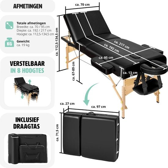 tectake® - Massagetafel behandeltafel met matras van 10 cm hoog + draagtas - extra dikke vulling, water- en oliebestendige vinylhoes, opvouwbaar ontwerp, inclusief opbergtas, ideaal voor salon, tatoeage, therapie - zwart